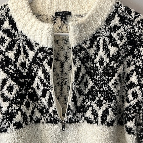 Talbots Half-Zip Argylle Snowflakes Off White Black Cozy Sweater Size 1X Petite - Picture 8 of 14